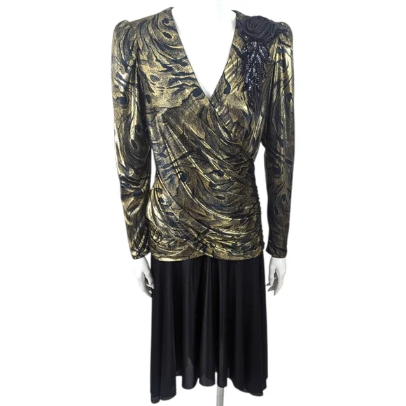 Vintage 80s Metallic Gold Party Dress Cocktail Party Evening Glam Disco Medium - Picture 1 of 10